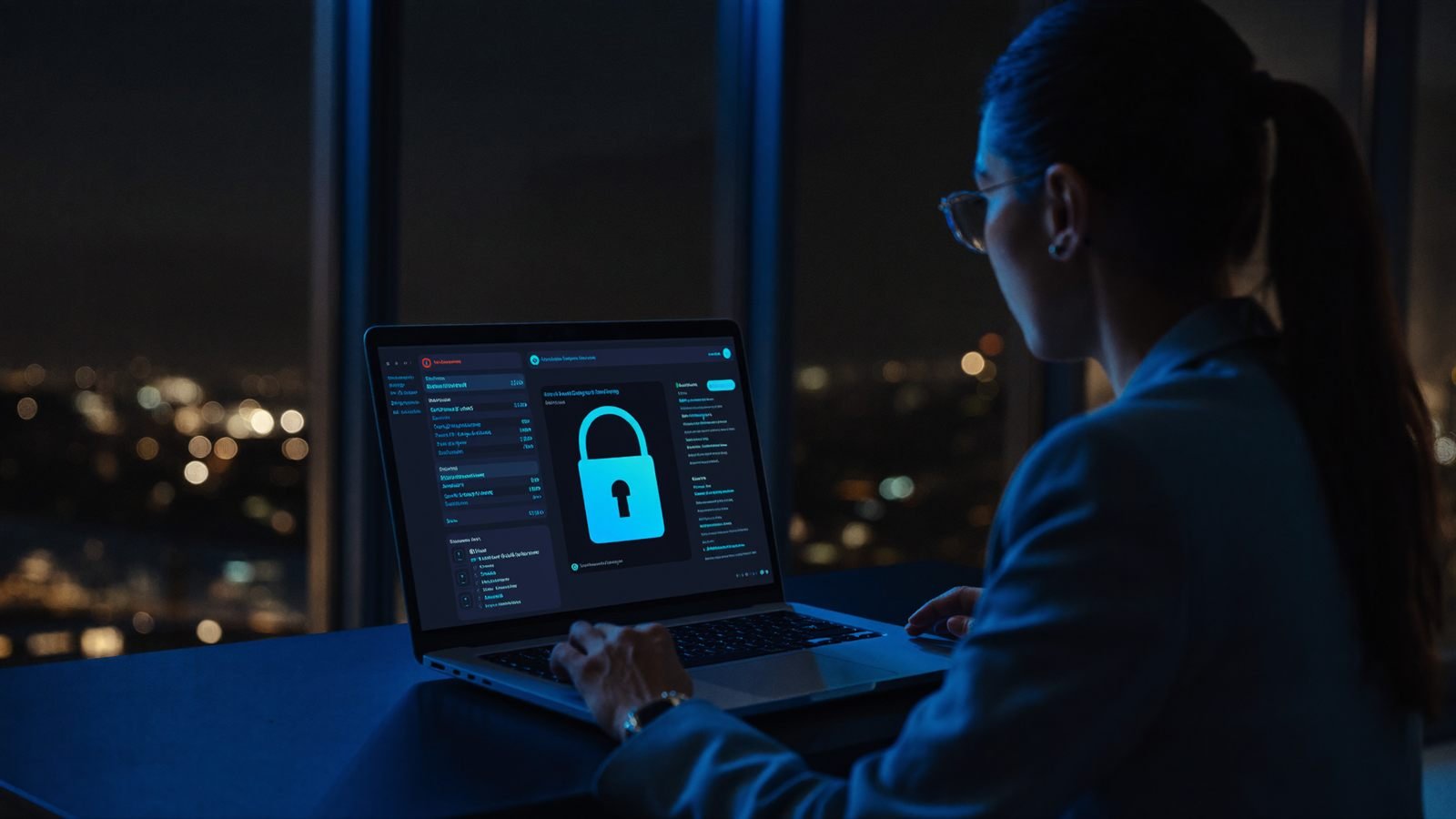 Empresaria revisando de noche el panel de seguridad de su empresa en un portátil