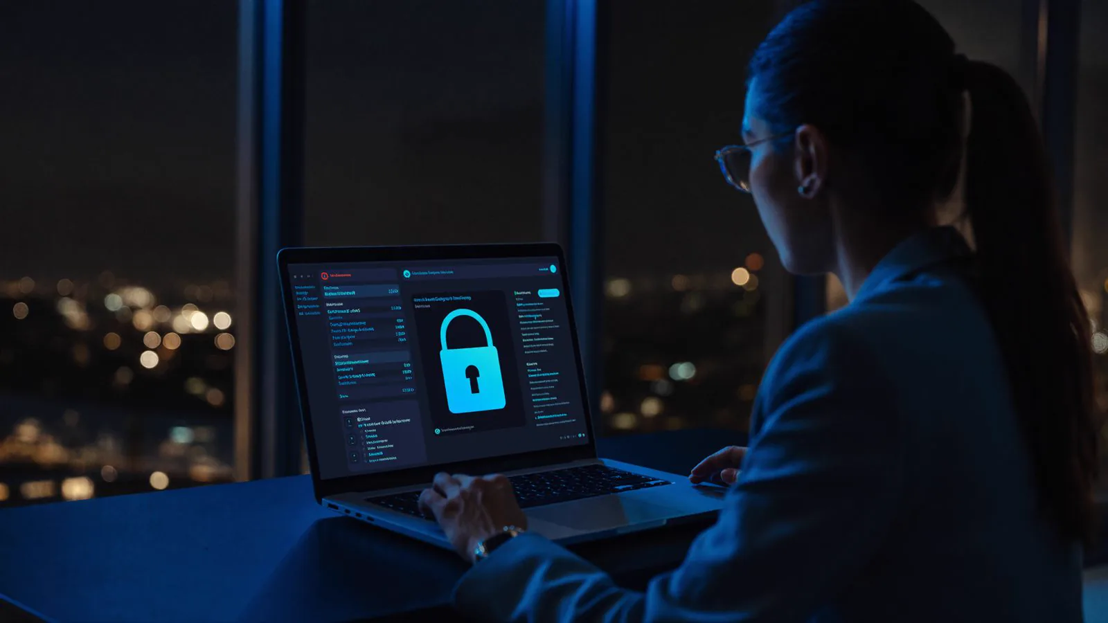 Empresaria revisando de noche el panel de seguridad de su empresa en un portátil