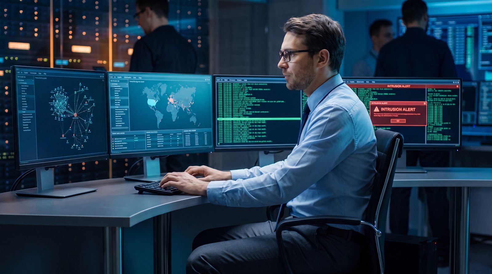 Analista de ciberseguridad de Protecom monitoreando alertas de intrusión en pantallas