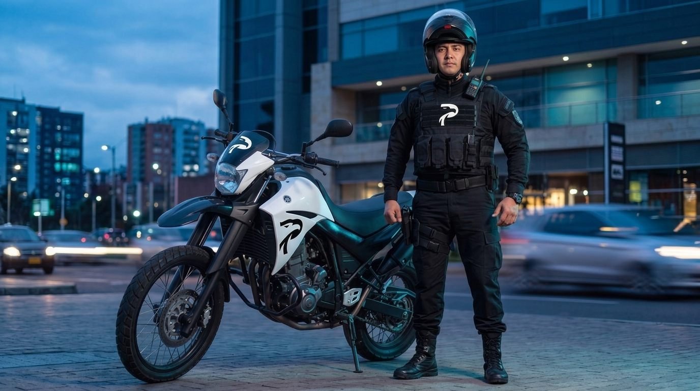 Supervisor motorizado de Protecom junto a su moto durante una ronda de vigilancia