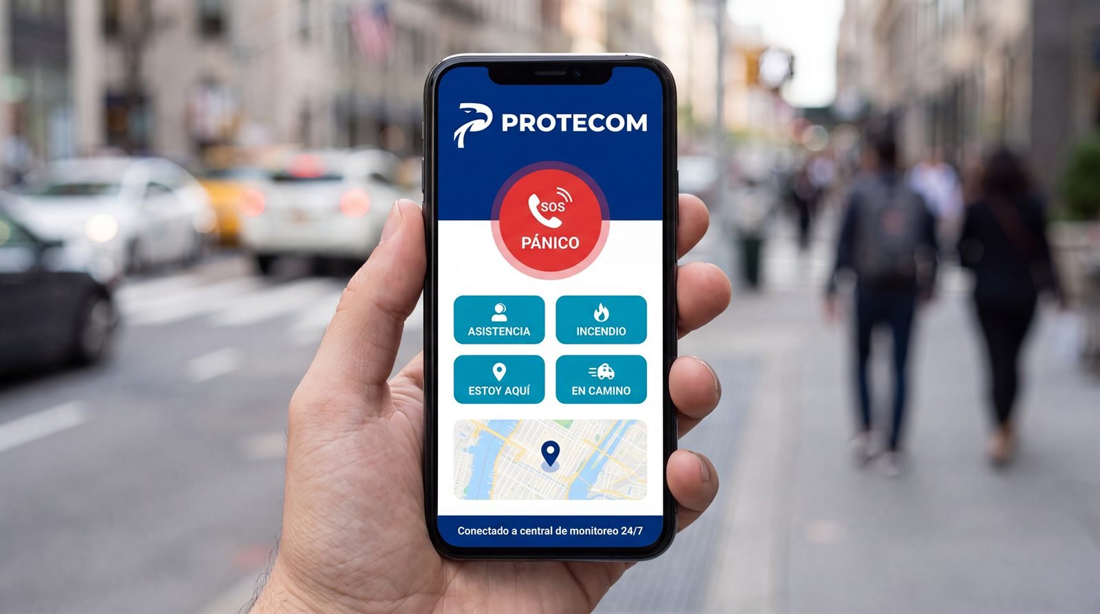 Aplicación Smartpanics de Protecom con el botón de pánico SOS en un celular